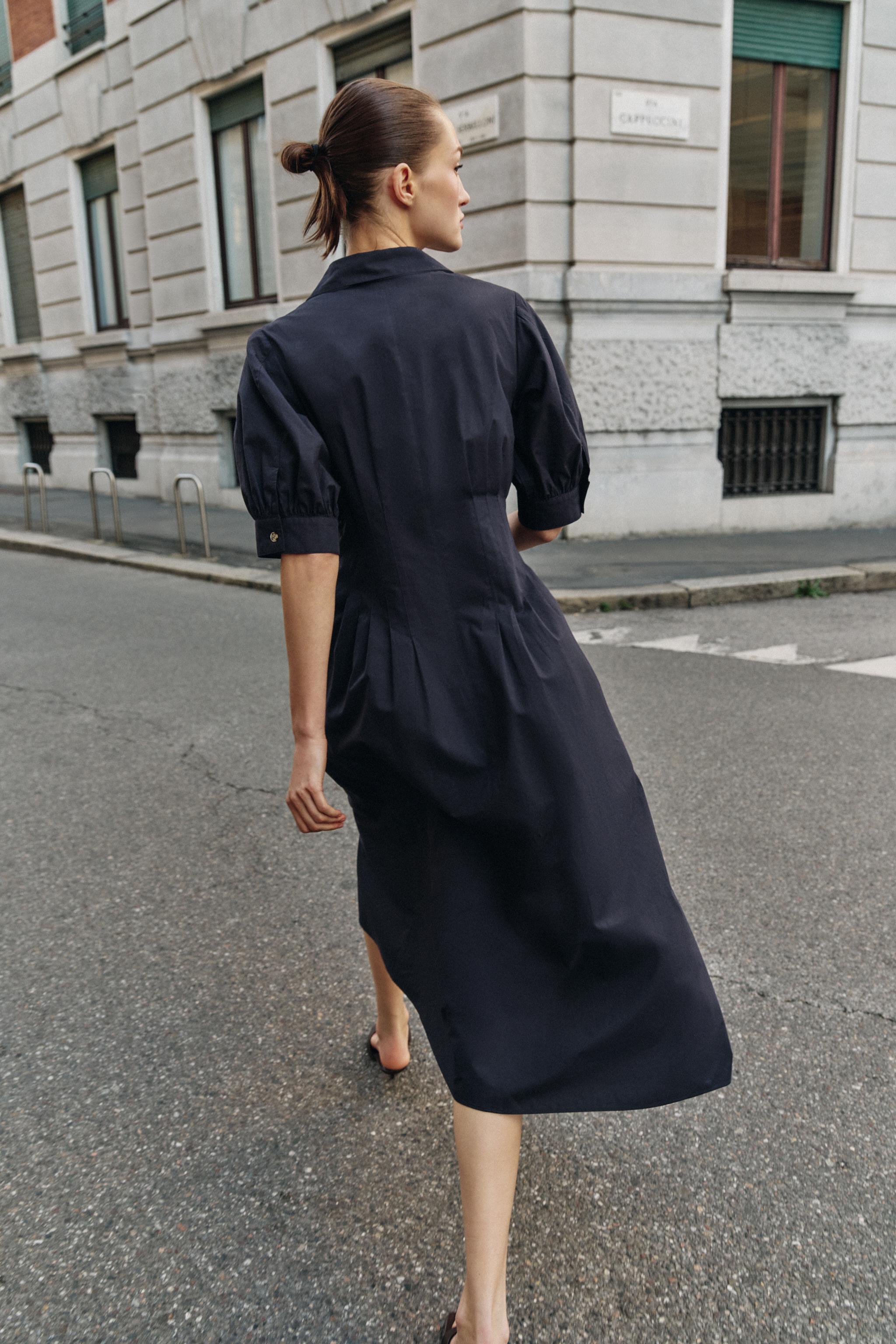 PUFF SLEEVE POPLIN MIDI DRESS